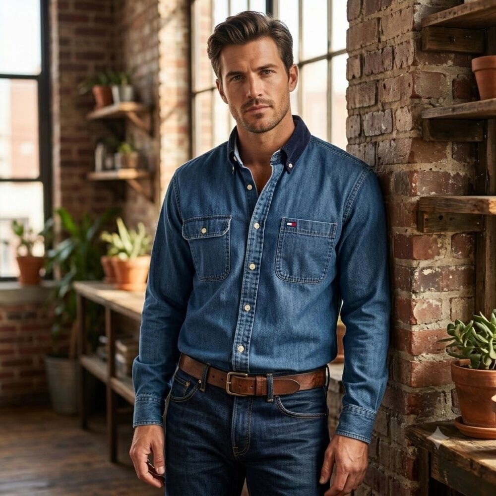 Tommy Hilfiger Mens Button Down Shirt Lg Blue Denim Corduroy Collar Long Sleeve